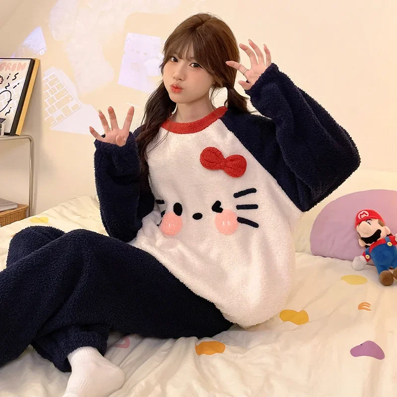 

Sanrio Hello Kitty пижамы зимние вязаные брюки с круглым вырезом и длинными рукавами комплект из двух предметов Hello Kitty домашняя одежда женские пижамы