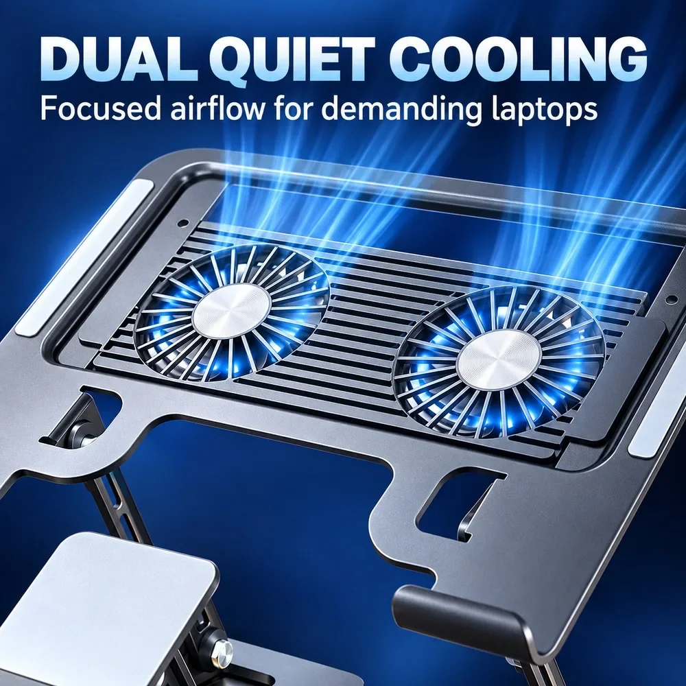 NEW 2-in-1 Adjustable Laptop Stand with Dual Quiet Fans, Foldable Carbon Steel Cooling Riser and Phone Holder for Gaming Office