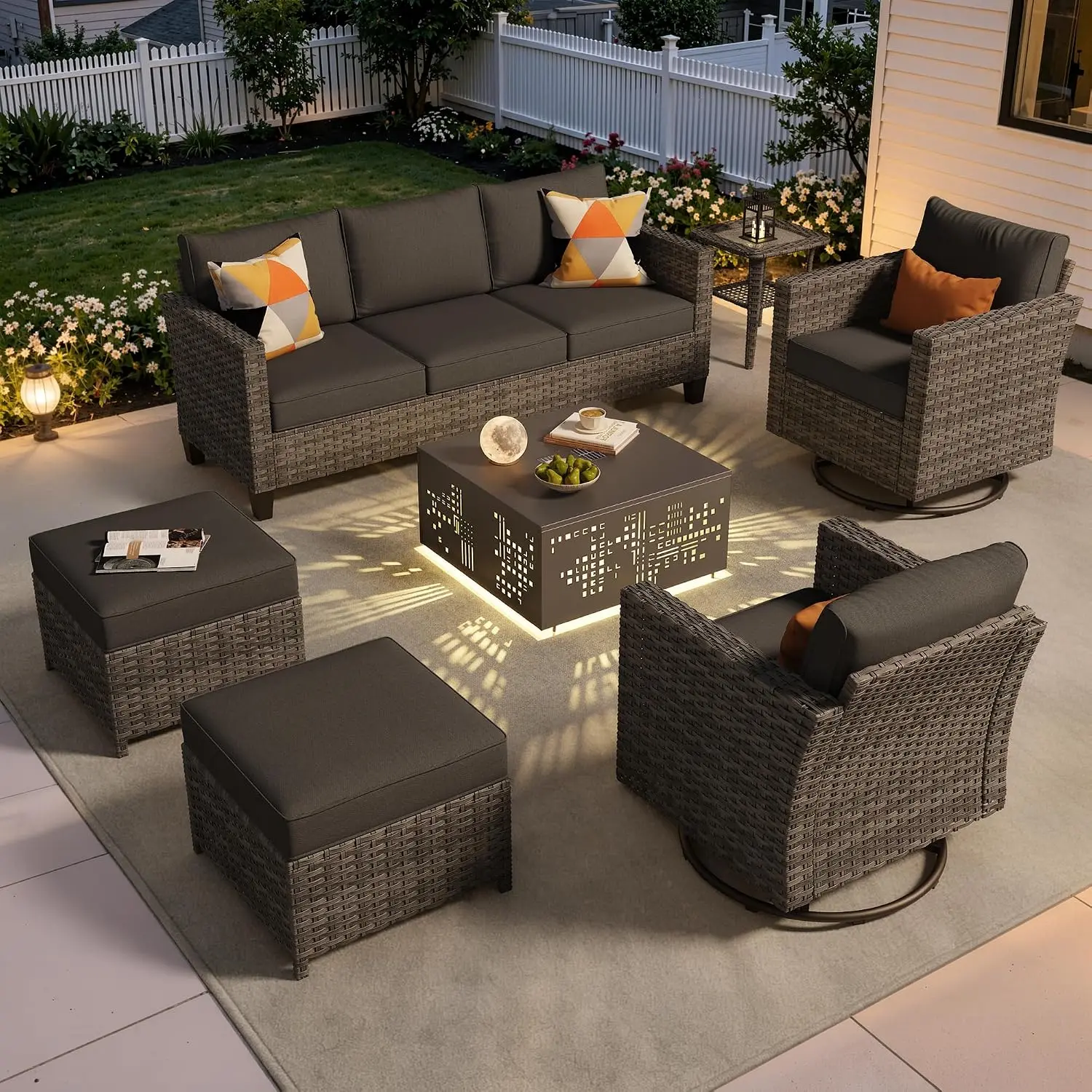 7pcs Patio Furniture Set Outdoor Conversation Sofa Chair Ottoman Table Black, Customized