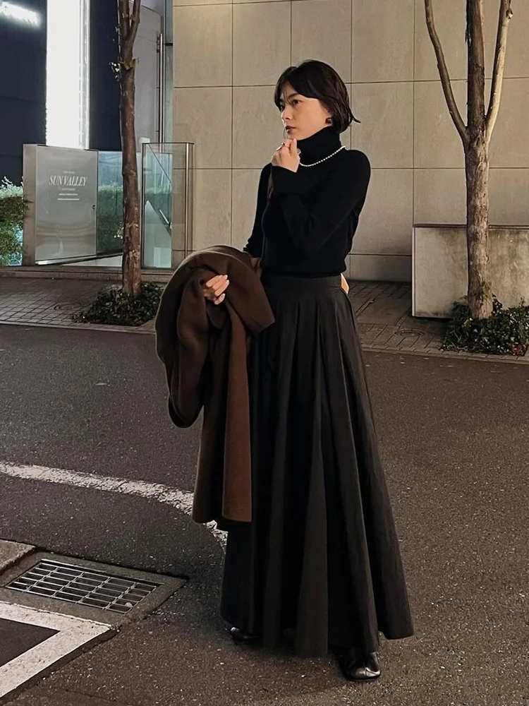  Vintage High Waist A-Line Midi Skirt Pure Color Pleated Commuter Lady Long Umbrella Skirt Spring Summer Retro