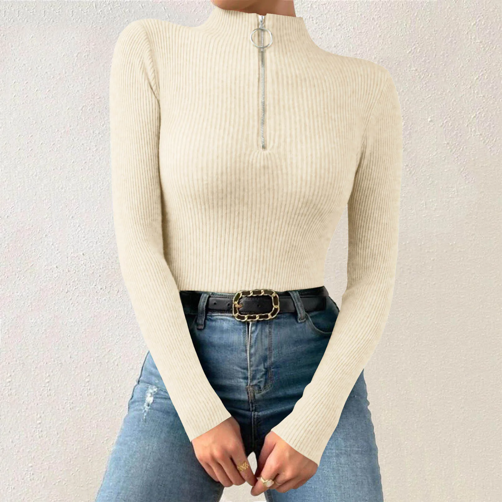 Women Turtleneck Zipper Sweater Thight Fit Long Sleeves Multicolor Blouse Ladies Solid Slim Fit Warm Sport Blouse Autumn Winter