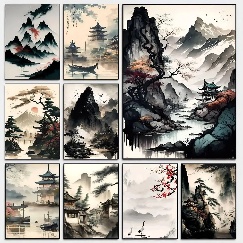 Chinese Landscape Forest River Plum Blossom Temple Art Poster Stickers Living Room Bedroom Entrance Cafe Art Decoration Painting