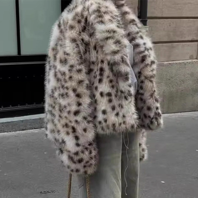 ترينديكس فو الفراء ليوبارد طباعة معطف للنساء شتاء جديد دافئ كم طويل سترة سترة موضة الشارع ملابس خارجية غير رسمية