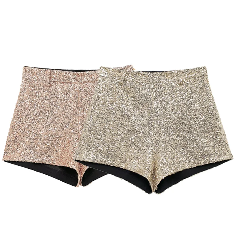 TRAF 2025 Mini Pantaloncini con paillettes Donna Pantaloncini corti sexy a vita alta da donna Pantaloncini rosa oro glitterati Pantaloncini eleganti da strada