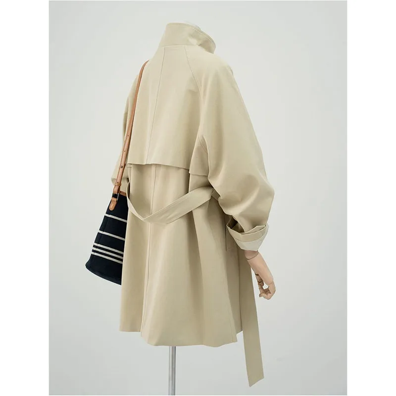2026 New Double Breasted Women's Windbreaker Jacket Spring Autumn Belt Stand Collar Loose British Style Apricot Temperament Coat