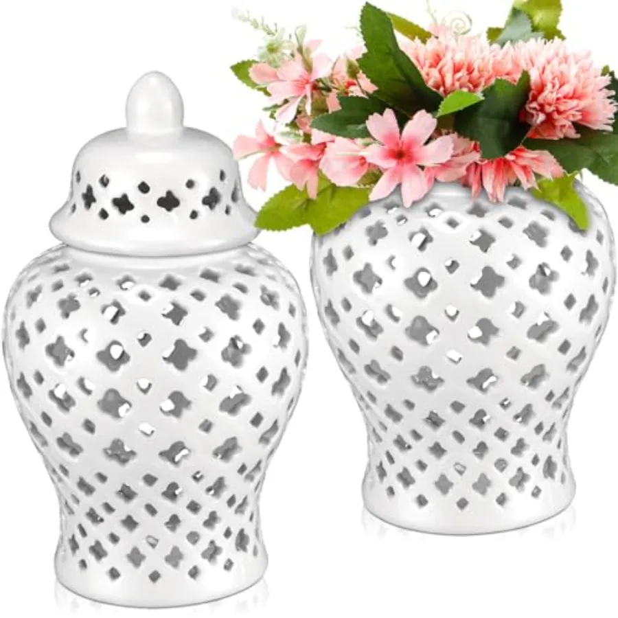 

2 Pcs Ginger Jars for Home Decor 8.7 Inch Tall Ceramic Ginger Jar Modern Ceramic Hollow Out Handicraft Flower Vase with Lid for