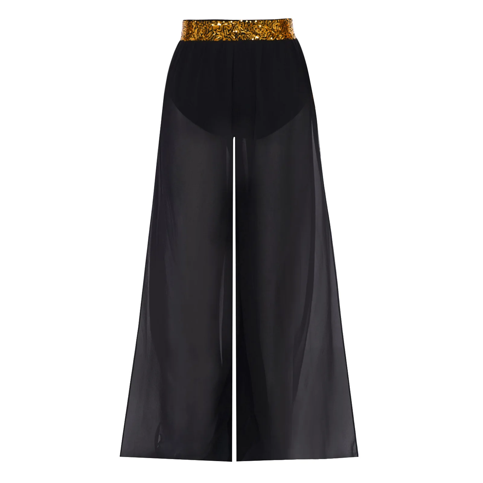 ガールズ ジャズ ラテン ダンス パンツ 光沢のあるスパンコール ウエストバンド 流れるようなシフォン オーバーレイ ワイドレッグ サイド スリット パンツ ステージ パフォーマンス用