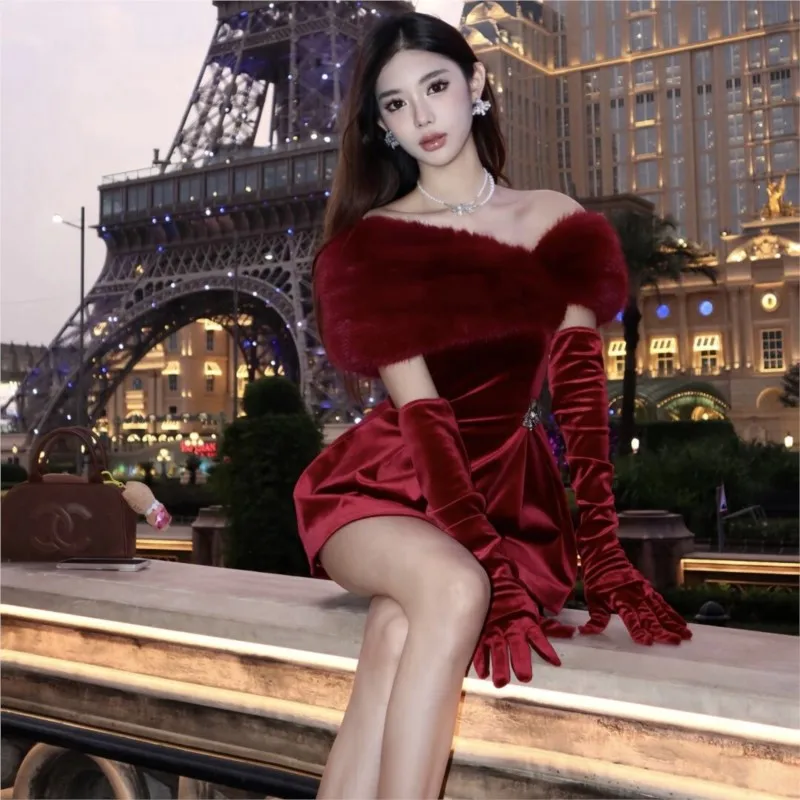 High-end light luxury autumn and winter new retro velvet Christmas Year dress