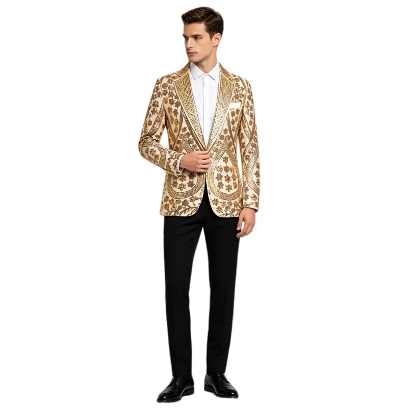 Chaqueta de Traje de Lentejuelas de Lujo para Hombre, Blazer de Fiesta de Boda con Botón Único en Rojo, Dorado y Plateado, Abrigo de Esmoquin de Cristal de Moda para Cantante