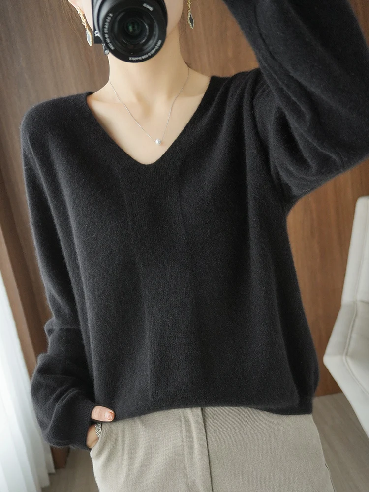 New Fashion Women\'s Clothing V-Neck Pullovers Long Sleeve knit Wear 100% Wool Warm Jumper Loose Fit Large Size Korean Style Soft