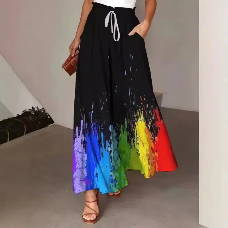 Multi-color Loose Trousers Women Summer Casual Rainbow Print Ruffle-edged Swinging Wide-leg Pants High Waist Streetwear Pants