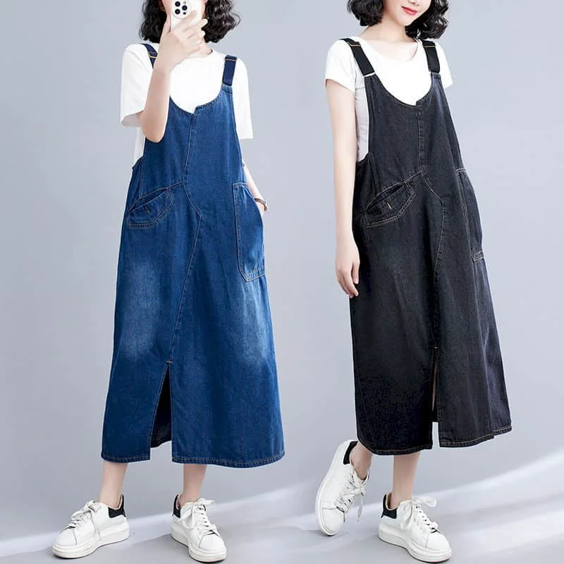 Denim Strap Dress for Women Solid Sleeveless Casual Loose Streetwear Fork Design Korean Style Oversized Vintage Mid-calf Dress