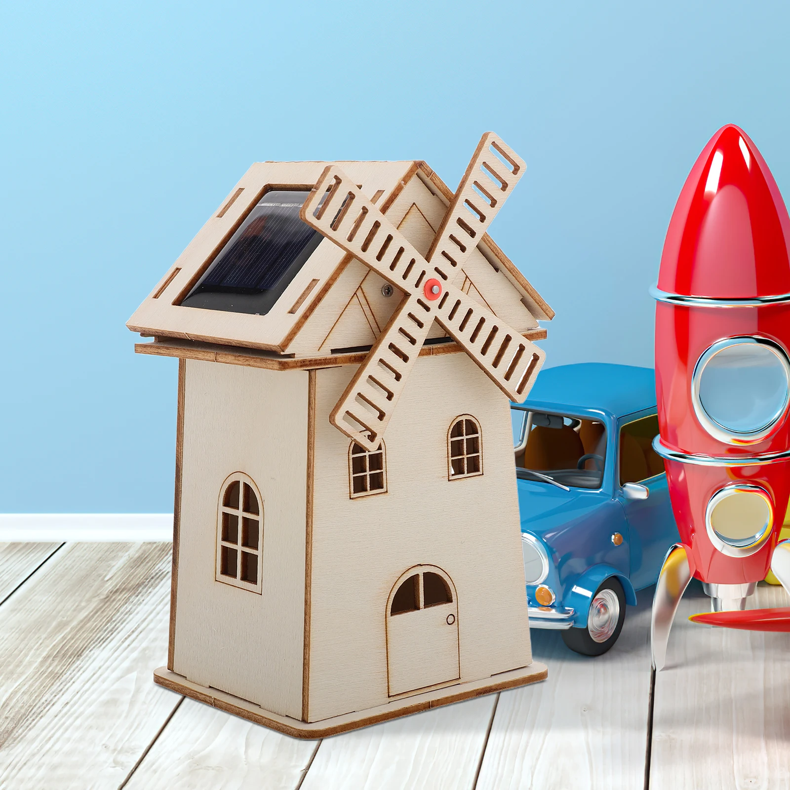 Aangedreven Wetenschap Diy Houten Huis Voor Kinderen Ongeverfd Windmolen Huis Prop Thuiskantoor Decoratie Stem Techniek Solar