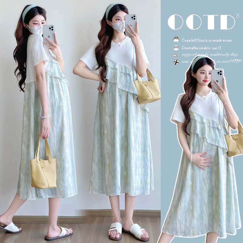 

Pregnant Women's Summer New 2025 Loose Slimming Round Neck A-line Skirt Short Sleeved Fake Two-piece Patchwork Dress
