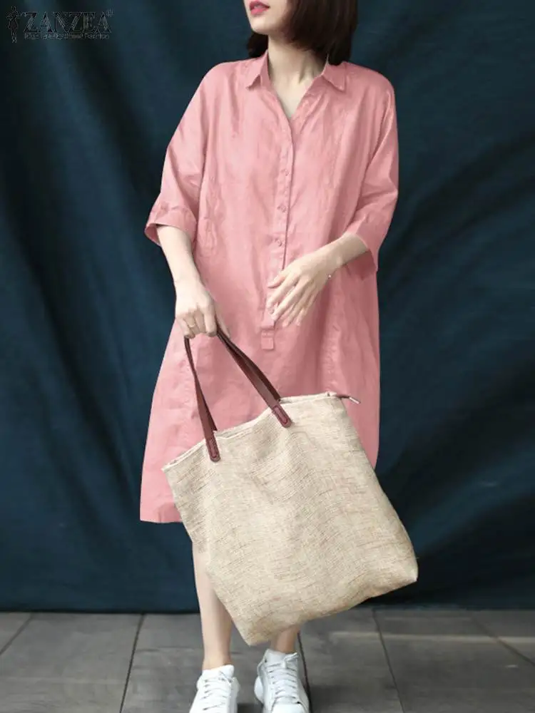 

Fashion Women Shirt Dress ZANZEA Summer Lapel Neck 3/4 Sleeve Casual Sundress Elegant Solid Work Party Mid-calf Vestido Kaftan