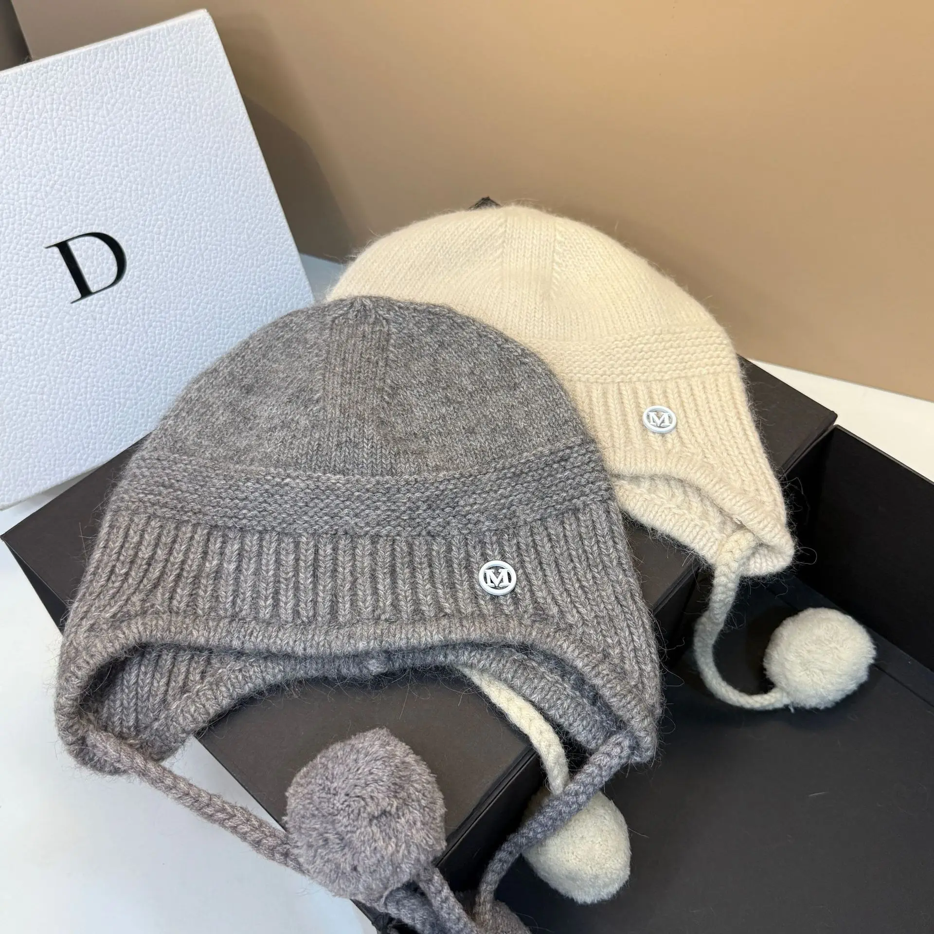 Cute Pompom Knitted Beanie Hat for Women Earflap Real Rabbit Fur Winter Bomber Skullies Outdoor Ear Protection Caps for Femlae