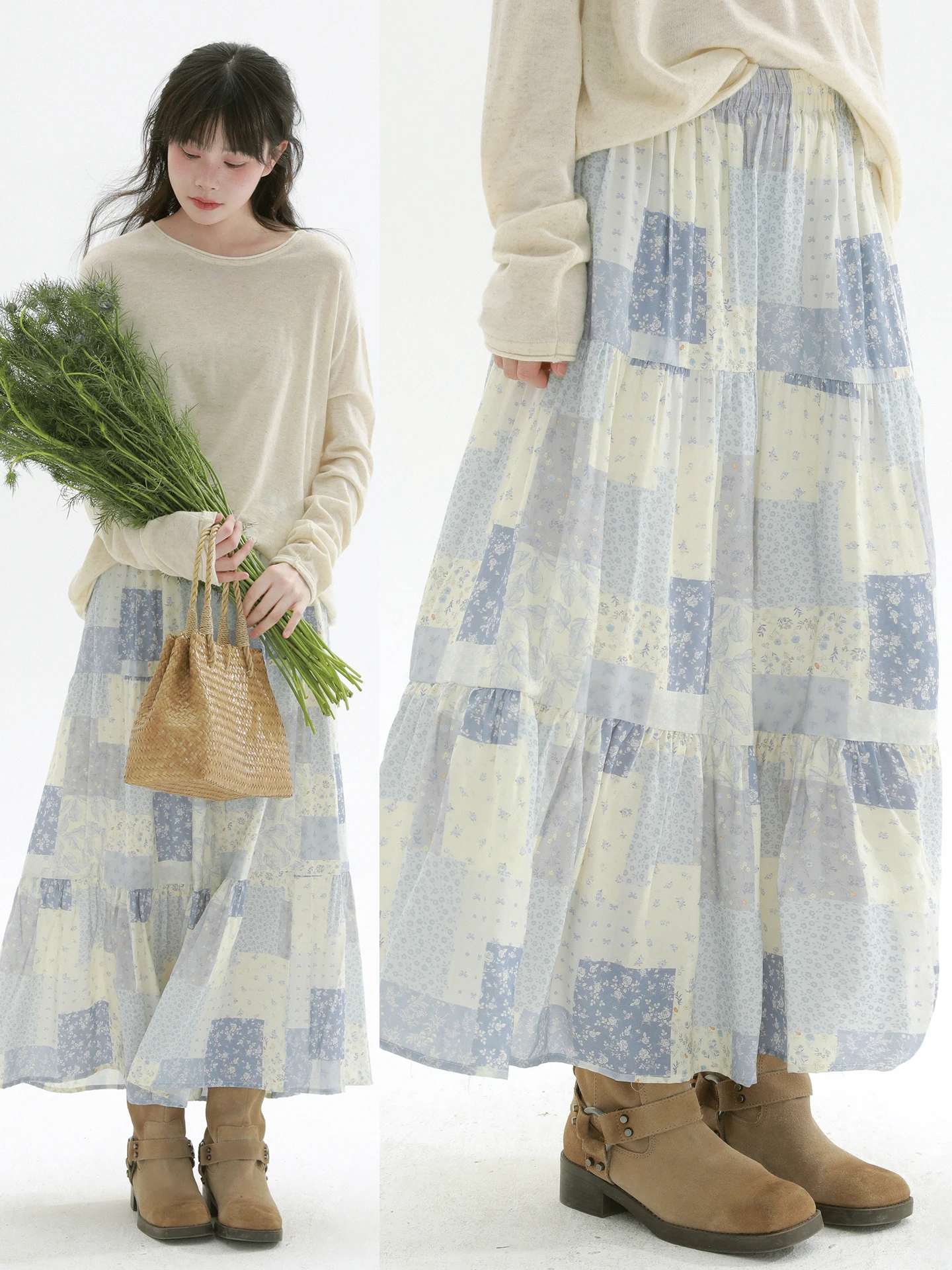 

Редкая художественная синяя юбка-миди А-силуэта, женская юбка с высокой талией, уникальная повседневная женская юбка в японском стиле