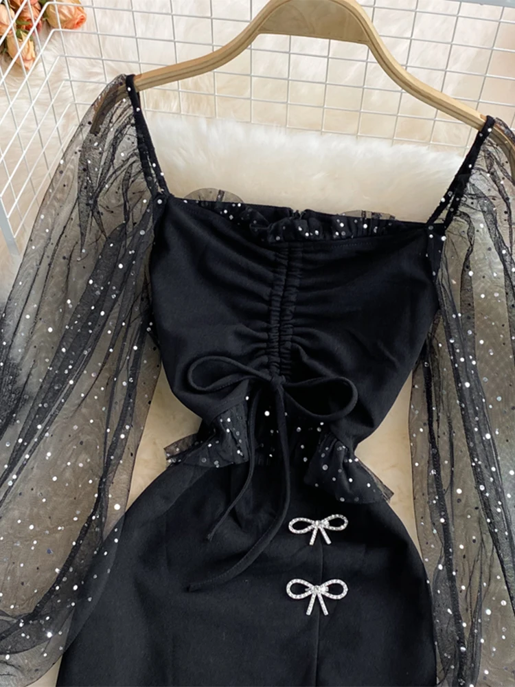 Women's Evening Dress Vintage Black Gothic Long Sleeve Square Collar Mesh Luxury Dresses Y2k One Piece Frocks Emo 2000s Clothes