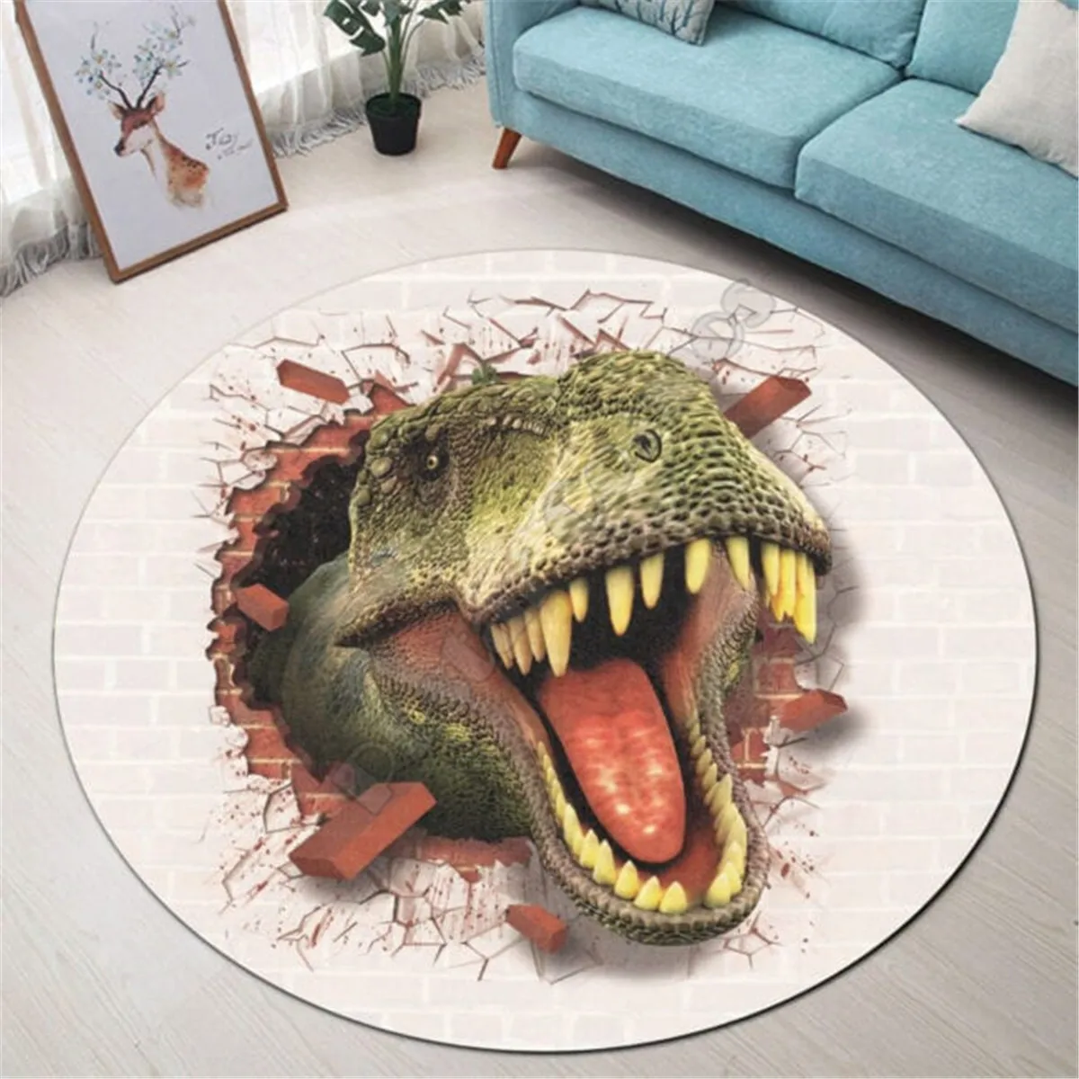 Ilusão de dinossauro premium tapete redondo 3d tapete antiderrapante sala de jantar sala de estar quarto macio 01