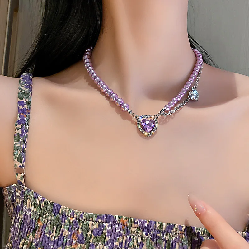 Luxury Amethyst Gem Neck Pendant Necklace 2023 Fashion Purple Crystal Love Heart Purple Gem Raw Stone Pearl Neckchain Collarbone