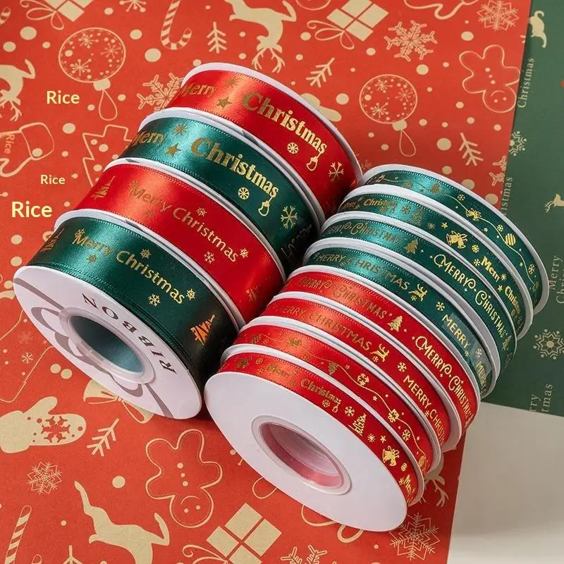 Christmas Ribbon For Gift Wrapping Gold Printed Xmas Satin Ribbon Navidad Home Tree Decor DIY Craft New Year 2027 Supplies