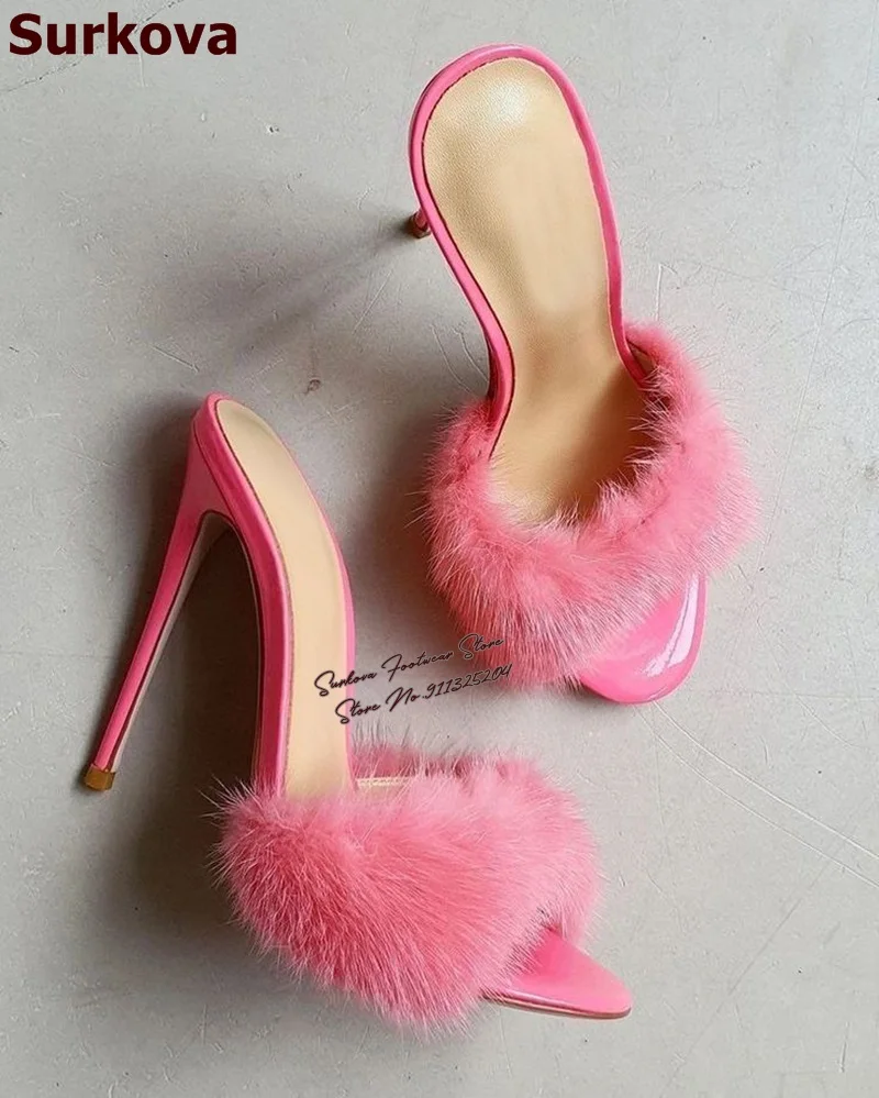 

Surkova Sweet Pink Soft Fur High Heel Mules Stiletto Heels Fluffy Plush Modern Fashion Slippers Outside Slip-On Dress Sandals