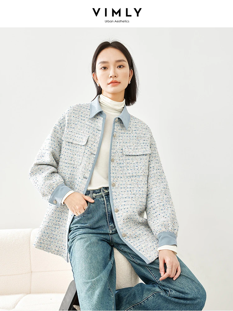 Vimly Winter Padded Tweed Coat Shackets for Women 2023 Patchwork Blue Mid-length Plaid Button Down Shirt Jackets Outerwear M3932