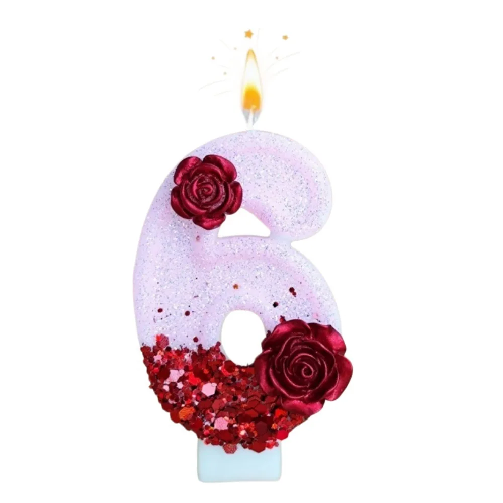 Number Pink Glitter Red Rose Flower Birthday Candle 0 1 2 3 4 5 6 7 8 9 3D Number Candle Cake Topper Birthday Party Cake Decor view 2