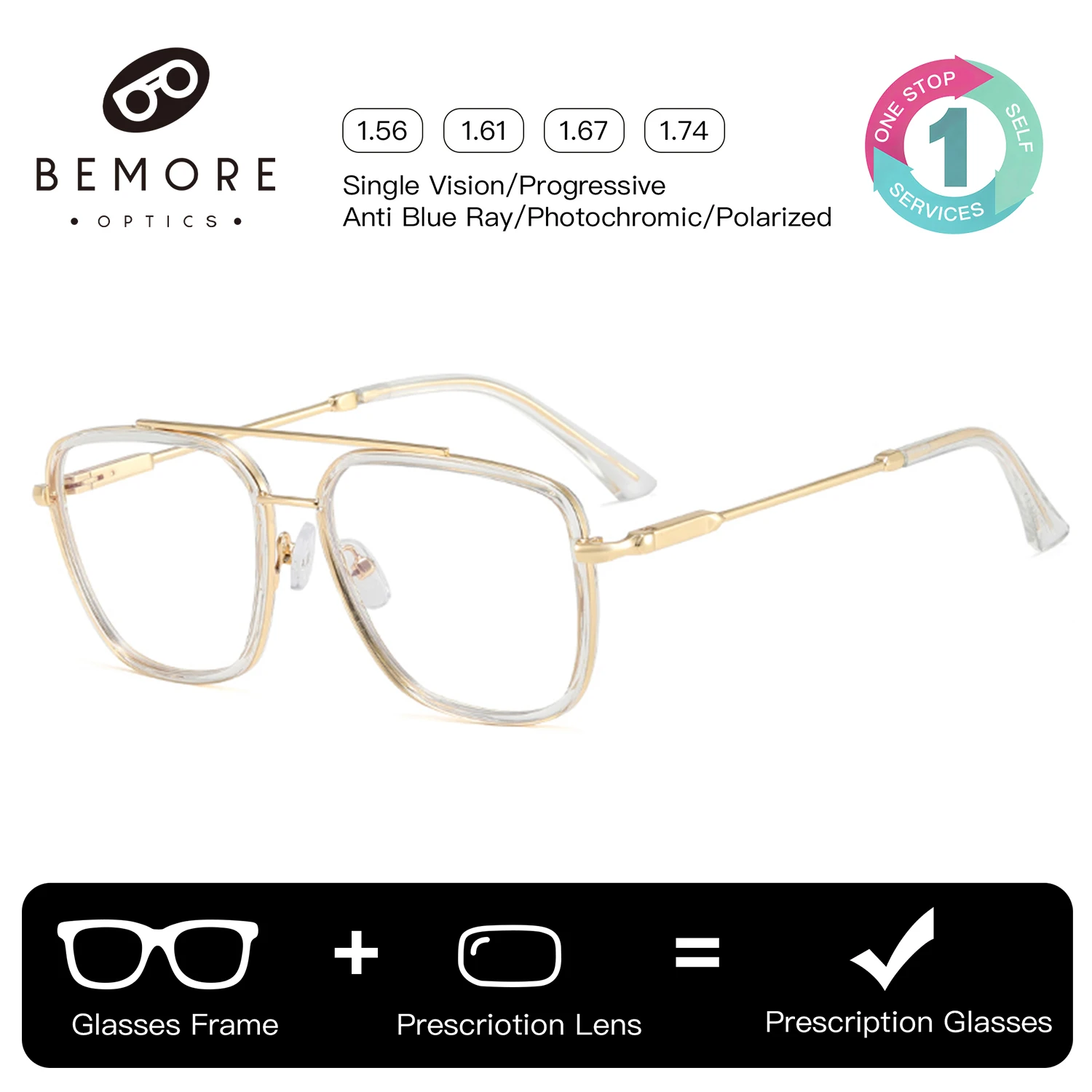 

BEMORE High Quality Metal Pilot Prescription Glasses Men Photochromic Anti Blue Light Optical Multifocal Eyeglasses