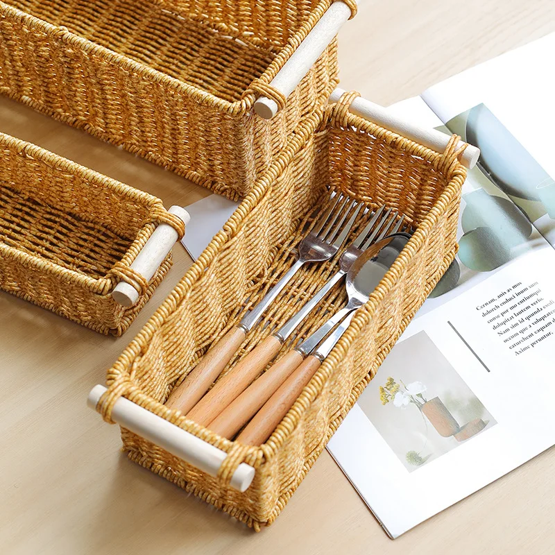 Imitation Rattan Baskets for Organizing Organizer Long Narrow Woven Baskets Rectangular for Bar Bathroom Bedroom Coffee Table