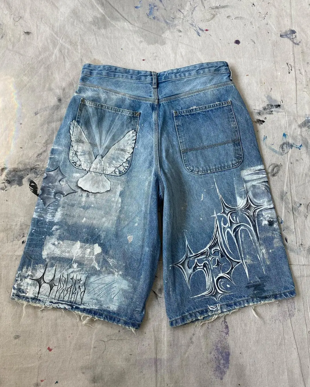 Gothic Trend New Hand-painted Cross Printed Short Jeans Men's Loose Straight Five-point Jeans Street Hip-hop Rap Y2K Shorts