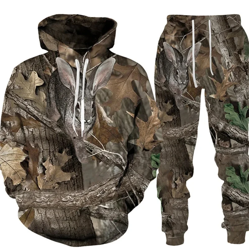 Hot Sale Camouflage Wild Boar Hunting Men\'s Hoodies Pants Set 3D Printed Animal Series Sportswear Two-piece Outdoor Sports Suit