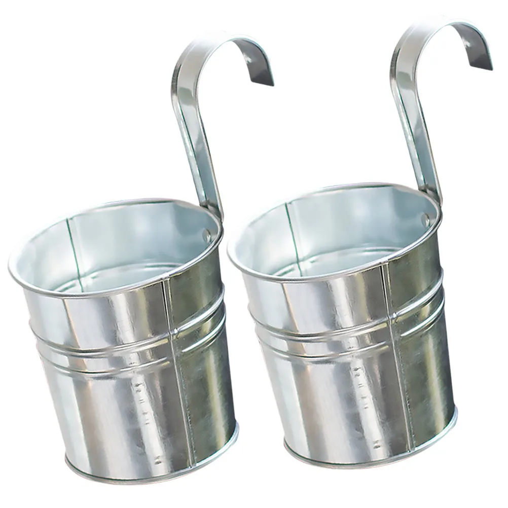 

2Pcs Hook Flower Bucket Iron Sheet Hanging Planter for Home Decor Garden Use Small Space Saving Retro Stripe Design Silver