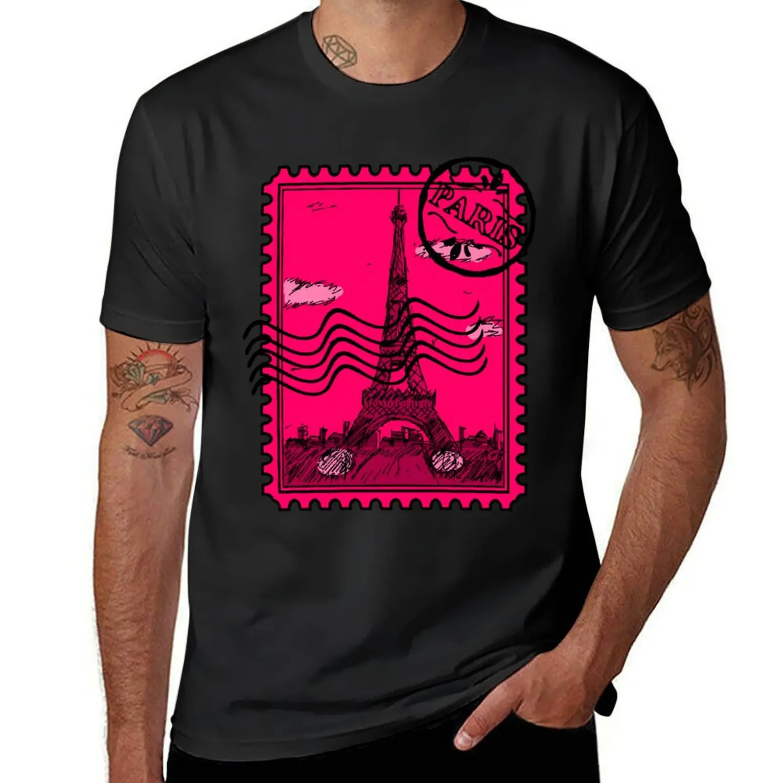 Paris Postage Stamp - Pink T-Shirt summer top summer clothes anime clothes vintage clothes t shirts for men graphic