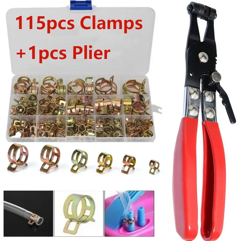 

75/115PCS Car & Truck Spring Clips Fuel Oil Water Hose Clip Pipe Tube Clamp Fastener with 1PC Hose Clamp Pliers Set