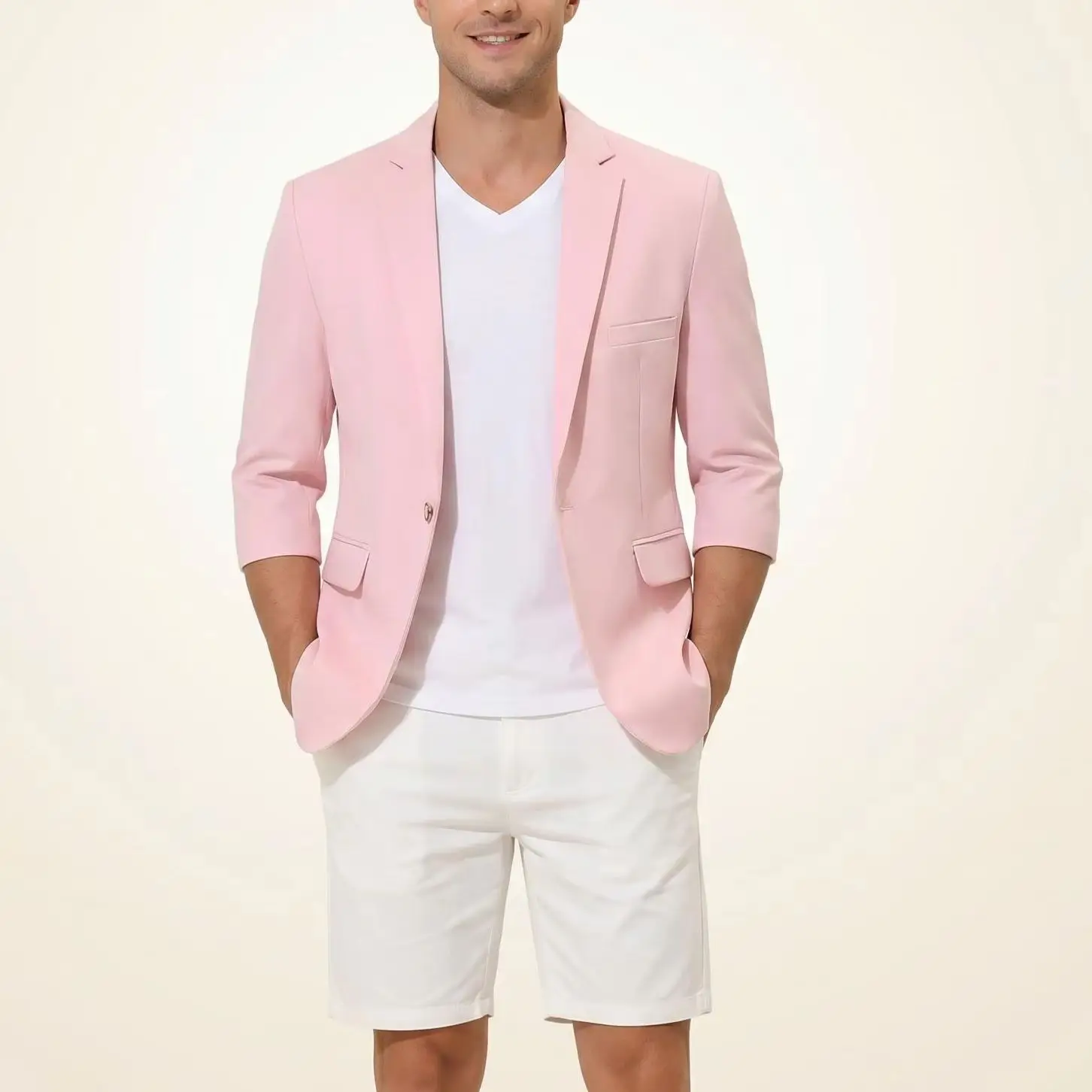 Men's Casual Seven-Quarter Sleeve Pink Suit Summer Leisure Fashionable Top with Pants Included