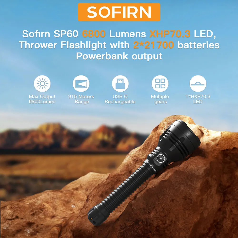 Sofirn SP60 6800lm XHP70.3 HI 21700 Powerful LED Light Type C Rechargeable Flashlight with Power Bank Torch IP68 ATR Beacon