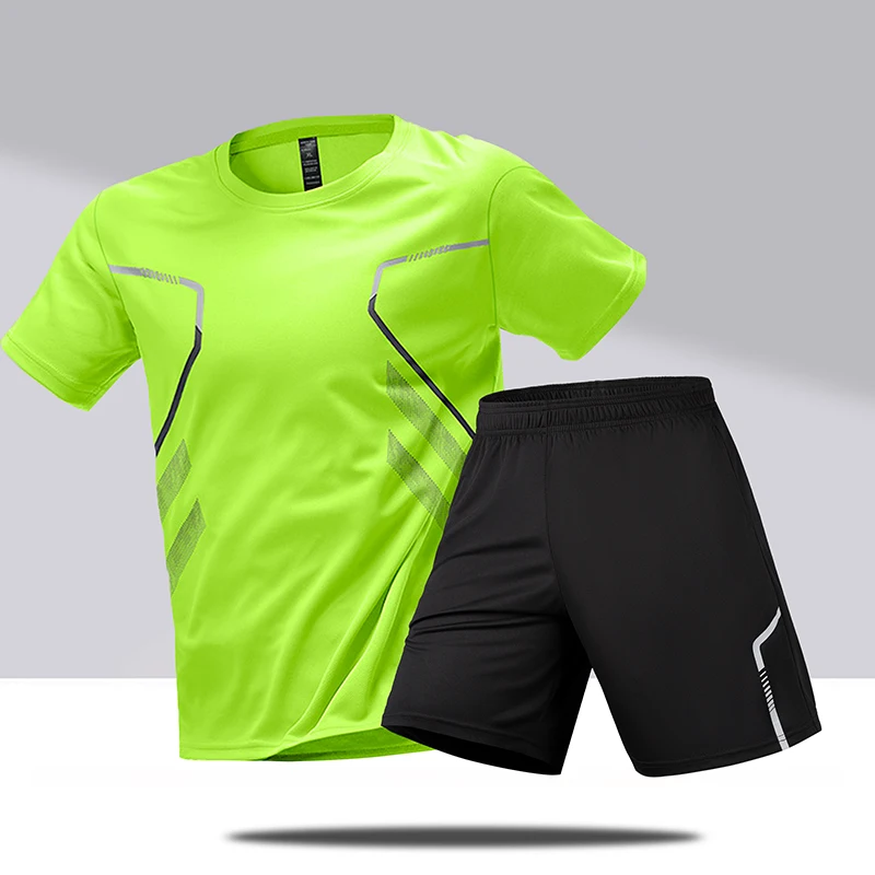 New Active Quick Dry Crew Neck T Shirts Shorts Set Men Athletic Workout Short Sleeve Clothes Football Running Gym Sports Suit