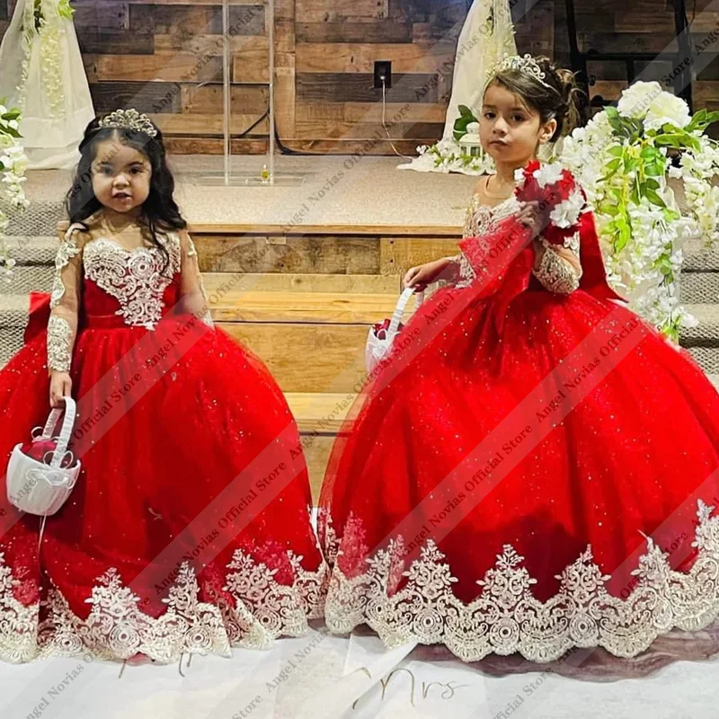 Angel Novias Quality Luxurious Red Flower Girl Dress Tulle Fluffy With Exquisite Applique For Kids Birthday Wedding Evening Ball