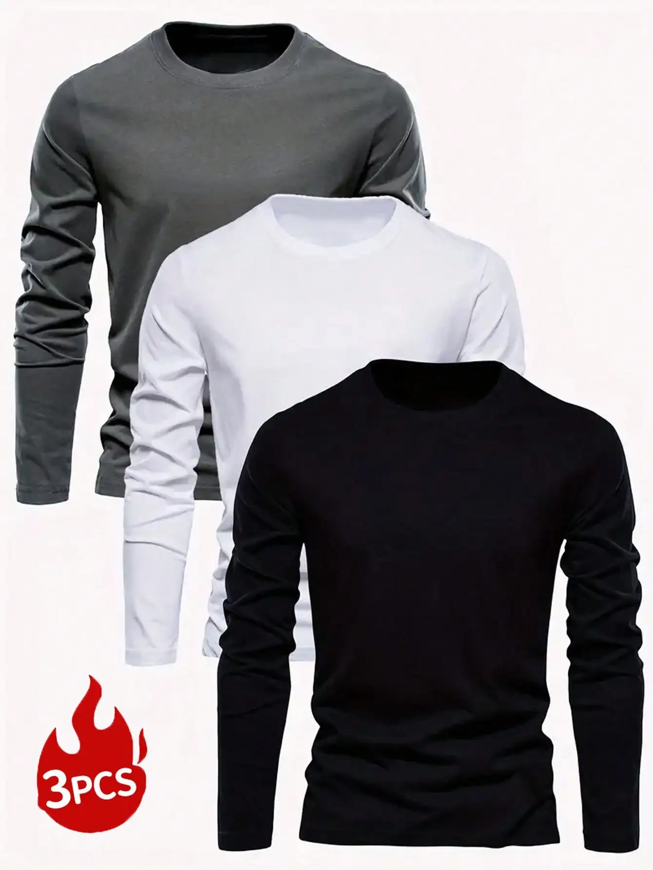 

3pcs Men's Solid Color Crew Neck Slim Fit Long Sleeve T-Shirts for Casual Daily Wear Spring Autumn