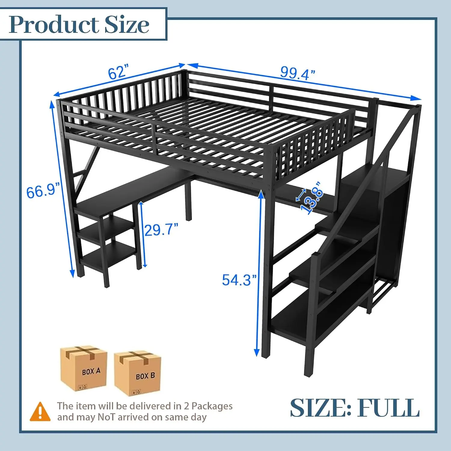 Twin Loft Bed With Desk Stairs Storage Shelves Charging Station LED Light Wardrobe Metal Frame For Kids Teens Adults, Customized