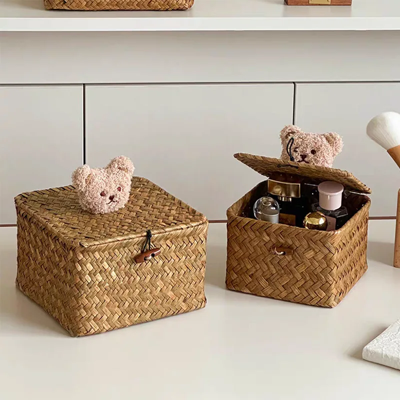 

Тканая корзина для хранения из морских водорослей в японском стиле с крышкой, косметический органайзер ручной работы для домашнего рабочего стола