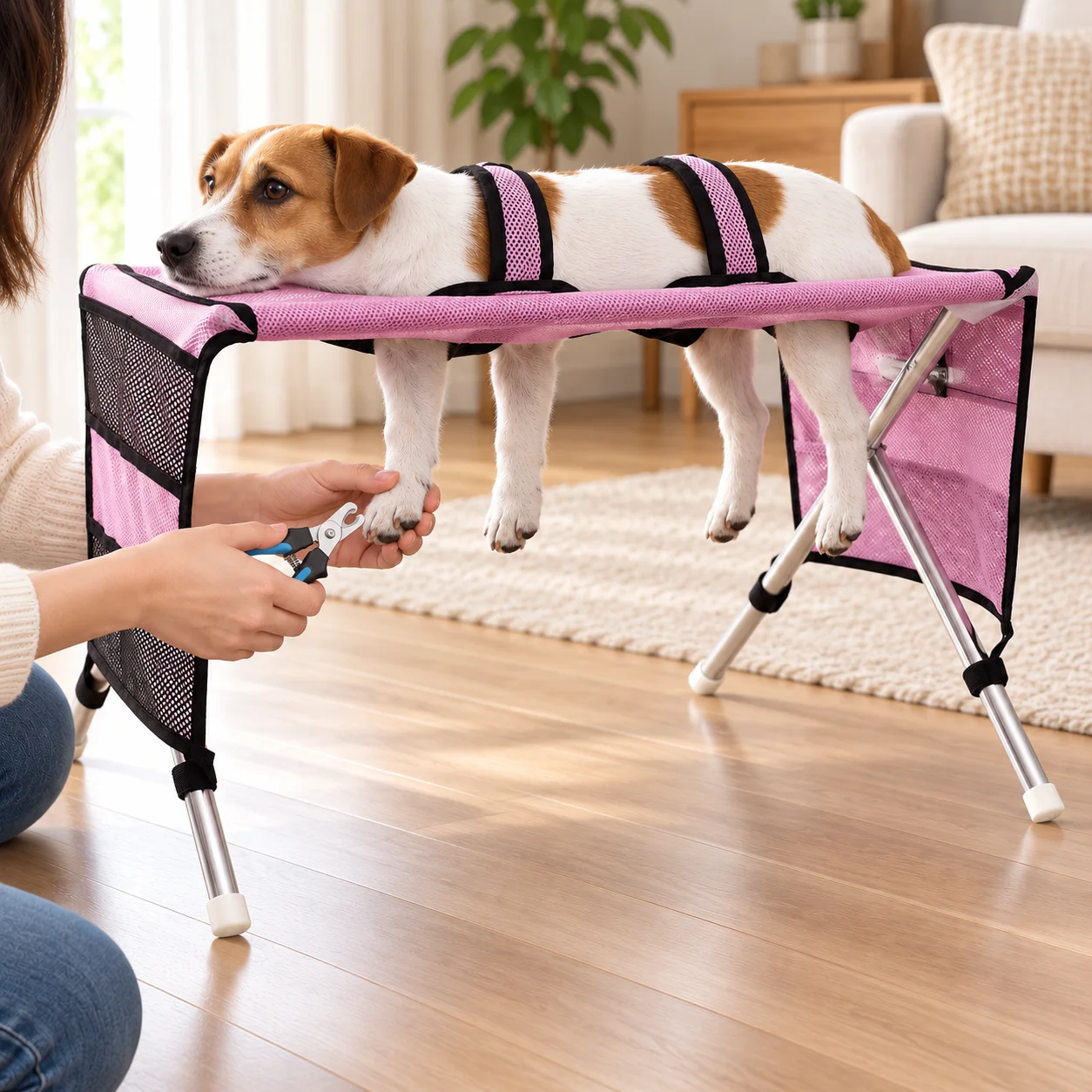 Pink Pet Grooming Hammock Table Foldable Small Dog Cat Nail Trimming Helper with 4 Leg Holes and Storage Pockets