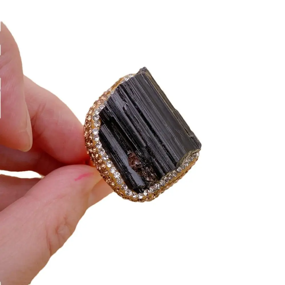

kkgem Golden Crystal Pave 27x32mm Natural Black Tourmaline Rough Raw Finger Ring Adjustable