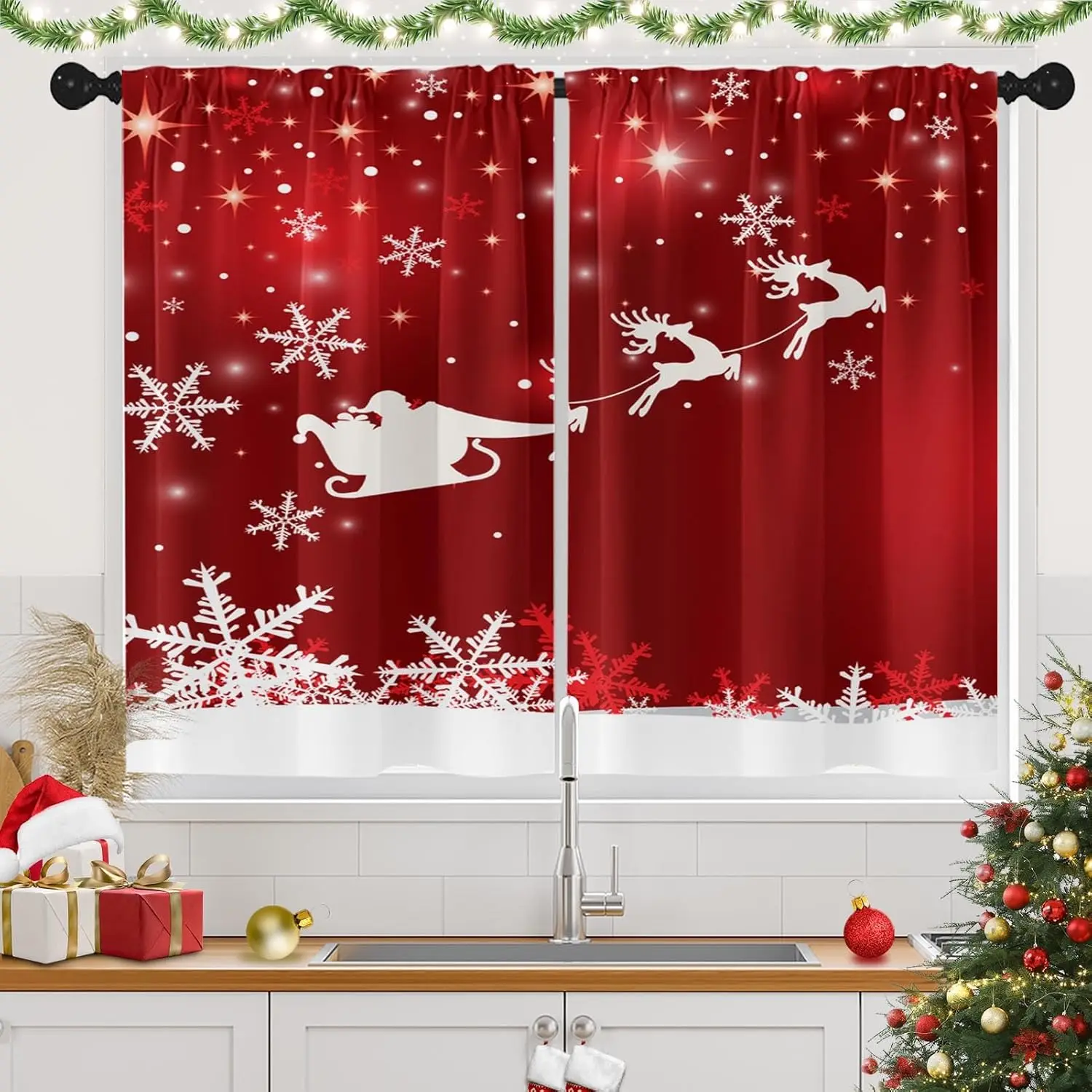 Christmas Kitchen Curtains Red Window Short Tier Curtains Over Sink Set of 2, Santa Claus Reindeer Snowflakes Kitchen Decor