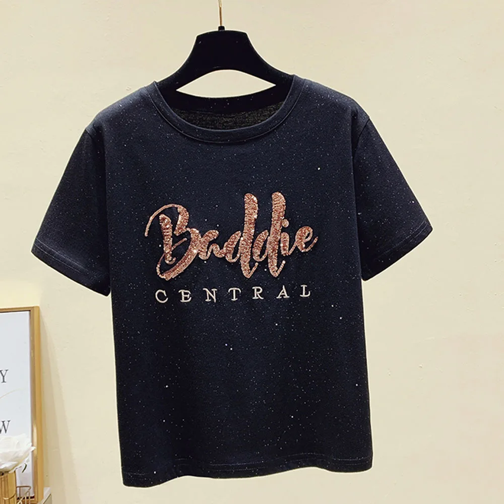 Summer 2022 New sequins Letter Crystals Pure Cotton Loose Short Sleeve round Neck Bottoming T-shirt for Women S-4XL