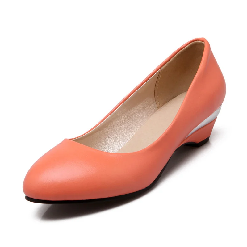 Women Wedges Soft PU Pumps Spakly Blok Heels 3.5cm Round Toe Retro Shoes Comfortable Slip-Ons New Arrives 2023 Orange Pinkish 48