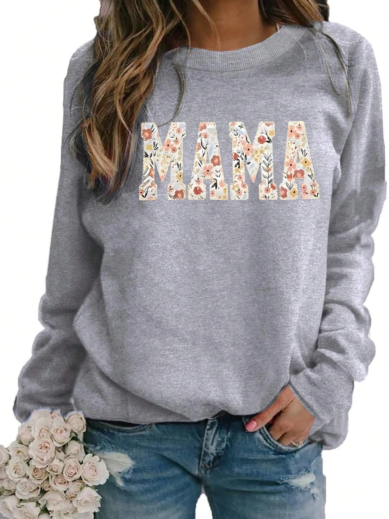 

Women's Floral & Letter Printed Round Neck Cotton Sweatshirt,Long Sleeve Trendy Hoodie Tops, For Autumn Winter