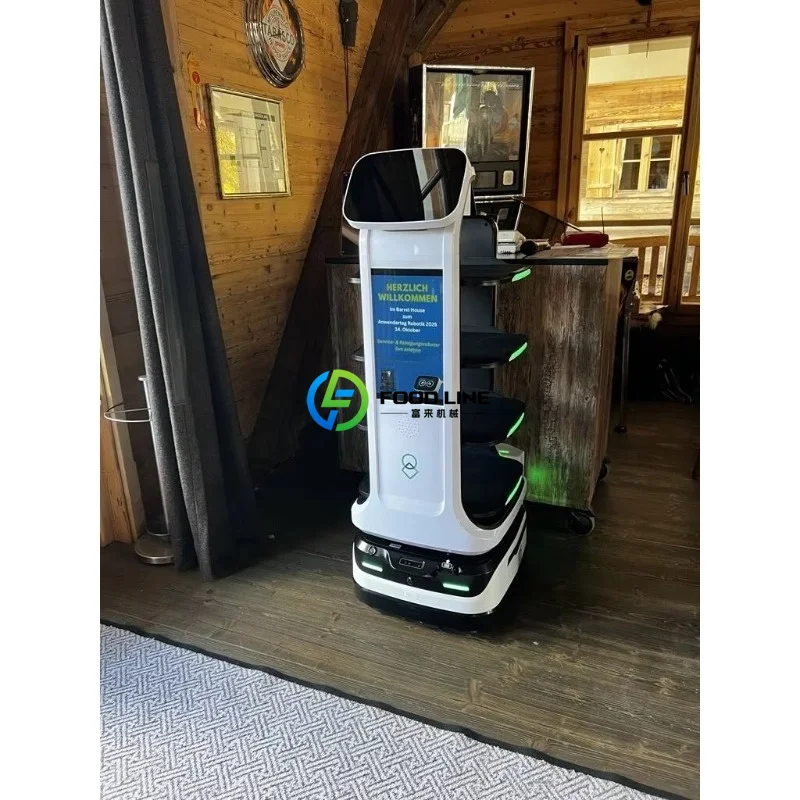 Four-Tray Food Delivery Robot Automatic Navigation Restaurant Waiter Robot With 15.6 Inch Advertising Screen