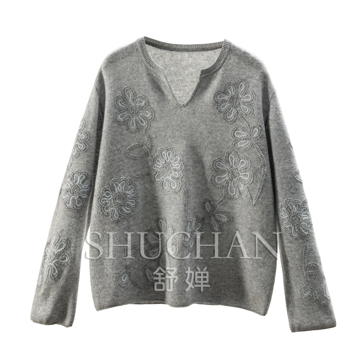 

Flower Yarn Gray, Soft Waxy and Comfortable, Cashmere + Wool Three-dimensional Disc Sweater for Women 56E0